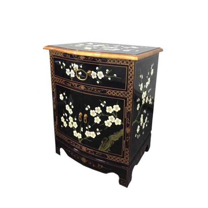 Black Lacquer Handpainted Blossom Side Chest