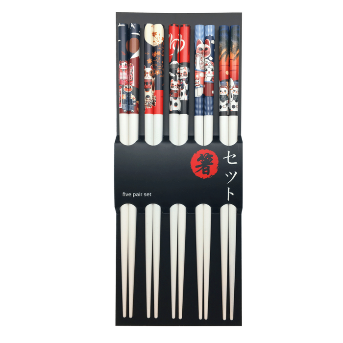 Japanese Chopsticks Lucky Cats Design - 5 Pairs