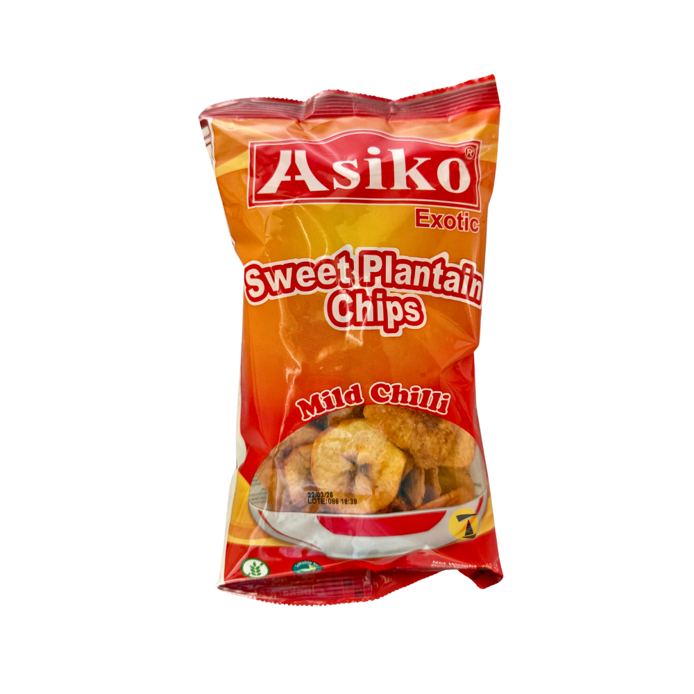 Asiko Exotic Crisps Ripe Plantain - Mild Chilli Flavour - 75g Asiko Exotic Crisps Ripe Plantain - Mild Chilli Flavour - 75g
