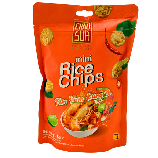 Orange package of Chao Su A mini rice chips with Tom Yum Kung flavor on a white background