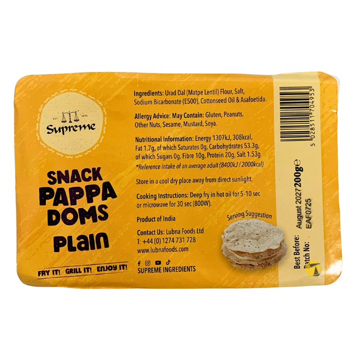 Supreme Snack Pappadoms Plain - 200g