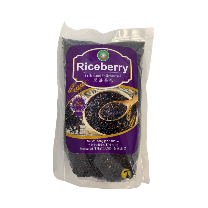 Packaged riceberry with a purple label on a white background