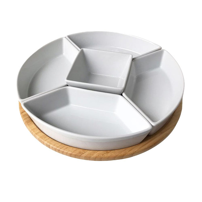 Bamboo Lazy Susan with 5 Porcelain Dishes