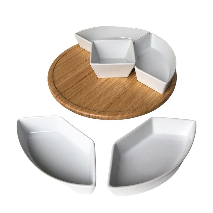 Bamboo Lazy Susan with 5 Porcelain Dishes