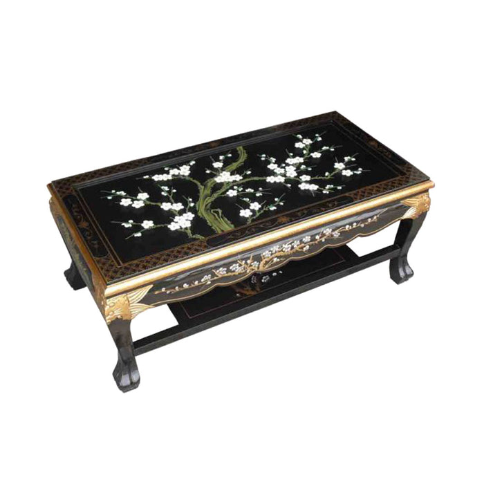 Black Lacquer Handpainted Blossom Coffee Table with Glass Top