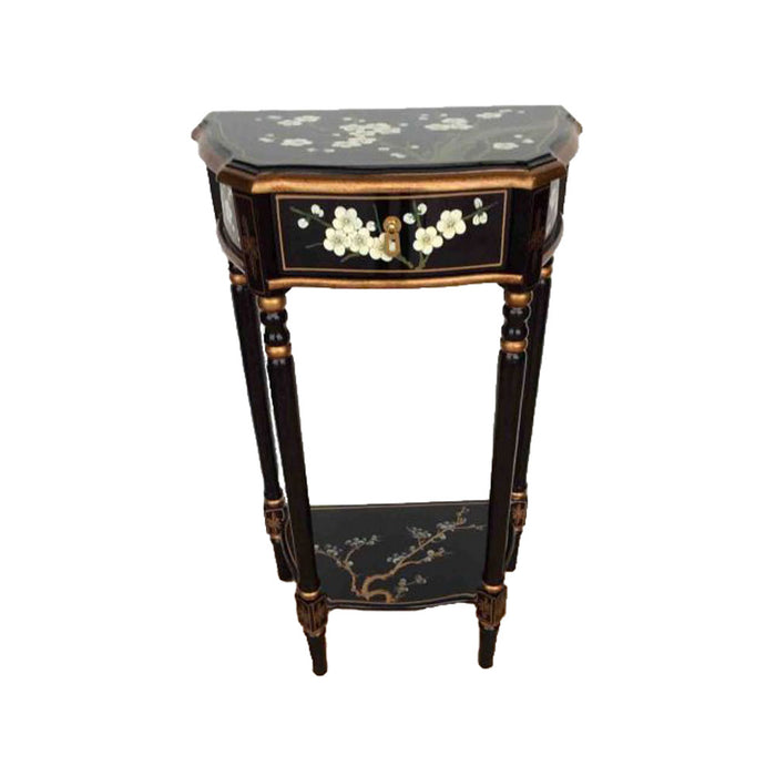 Black Lacquer Handpainted Blossom Hall Stand with Shelf