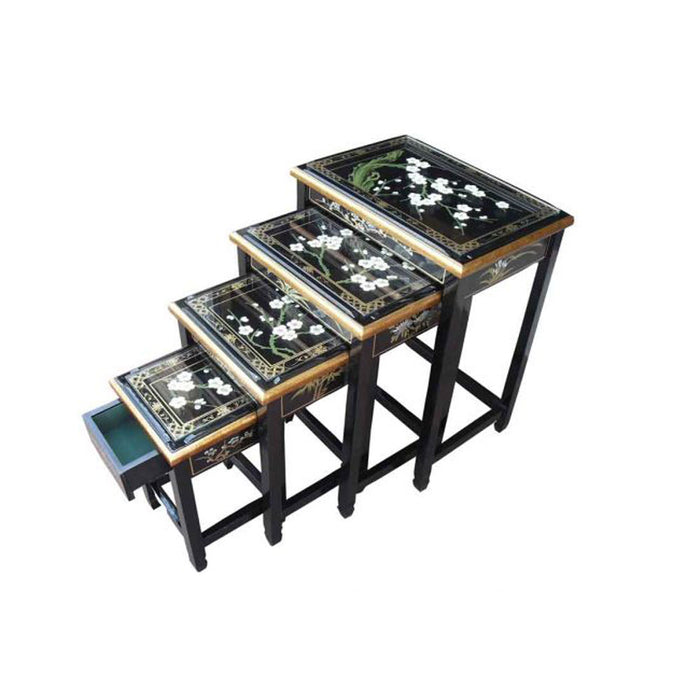 Black Lacquer Nest of 4 Tables with Glass Top - Blossom Design