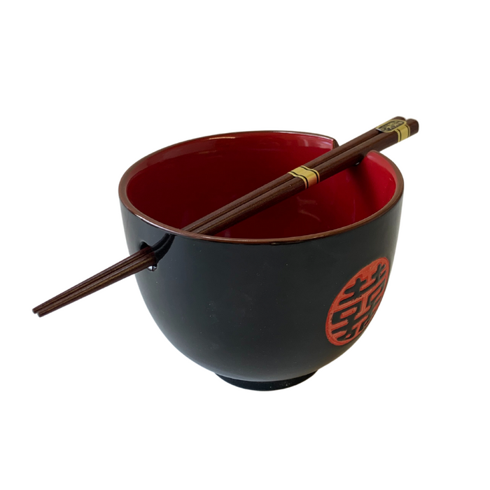 Black & Red Double Happiness Soba Bowl with Chopsticks