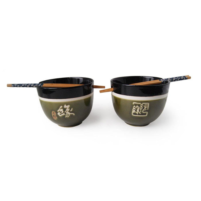 Black & Green Design Soba Bowl with Chopsticks - Set of 2