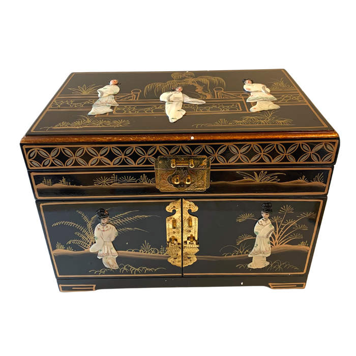 Chinese Mother of Pearl Black Lacquered Jewellery Box