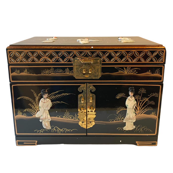 Chinese Mother of Pearl Black Lacquered Jewellery Box