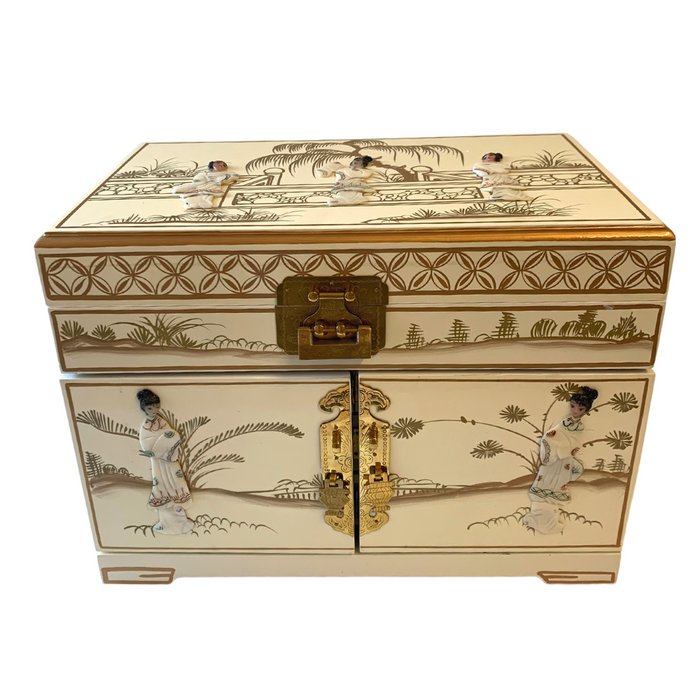 Chinese Mother of Pearl Jewellery White Lacquered Jewellery Box