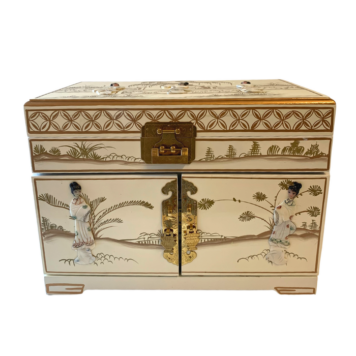 Chinese Mother of Pearl Jewellery White Lacquered Jewellery Box
