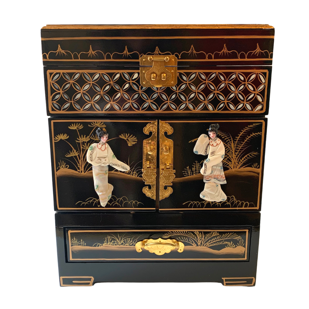 Chinese Mother of Pearl Upright Black Lacquered Jewellery Box