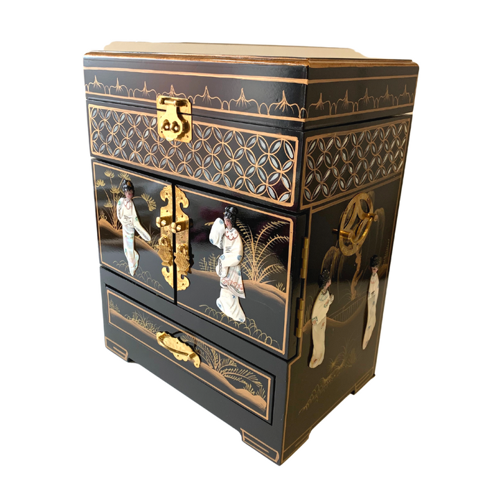 Chinese Mother of Pearl Upright Black Lacquered Jewellery Box