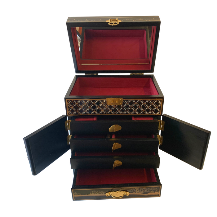 Chinese Mother of Pearl Upright Black Lacquered Jewellery Box