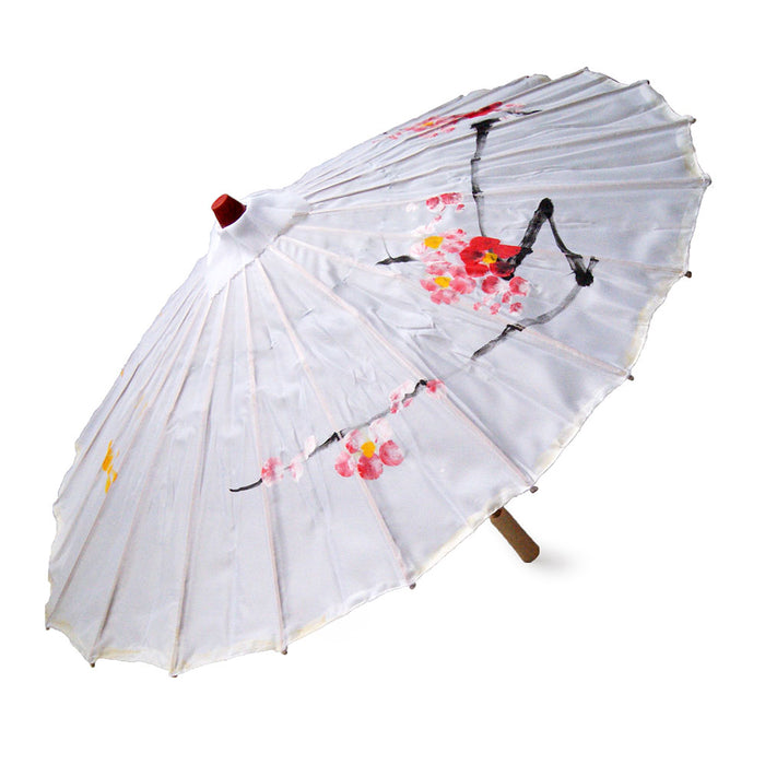 Chinese Floral Cloth Parasol - White