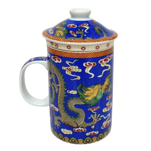 Three Piece Chinese Tea Infuser Mug - Coloured Dragon Design
