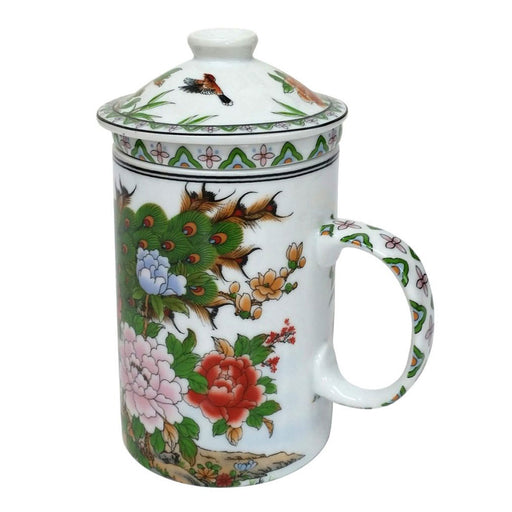Three Piece Chinese Tea Infuser Mug - Peacocks in Garden Design