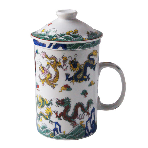 Three Piece Chinese White Nine Dragon Design Tea Infuser Mug