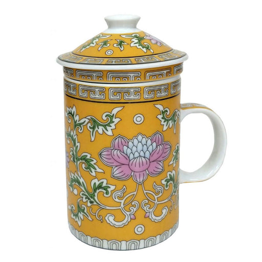 Three Piece Chinese Infuser Mug - Yellow Lotus Flower Design