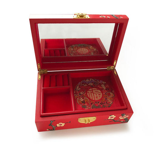 Chinese Oriental Flower Design Red Lacquer Jewellery Box with Mirror