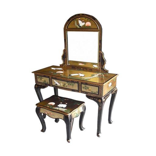 Cranes Design Gold Lacquer Dressing Table with Mirror & Stool