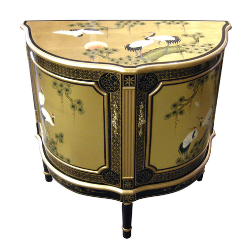 Cranes Design Gold Lacquer Half Moon Cabinet