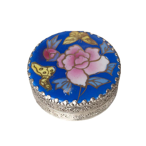 Embosed Metal Oriental Cloisonne Pill Box with Mirror Lid