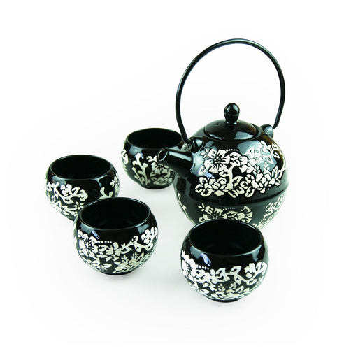 Black Glossy Floral 5 Piece Tea Set