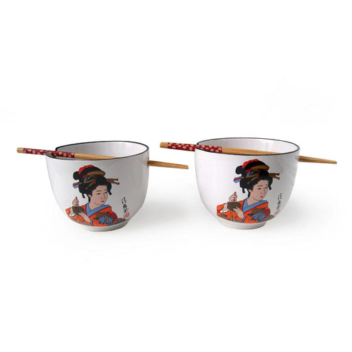 Japanese Lady Design Soba Bowl with Chopsticks - Set of 2