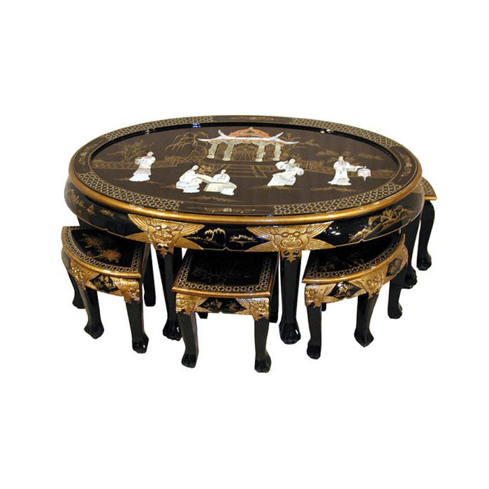 Mother of Pearl Black Lacquer Oval Coffee Table & 6 Stools