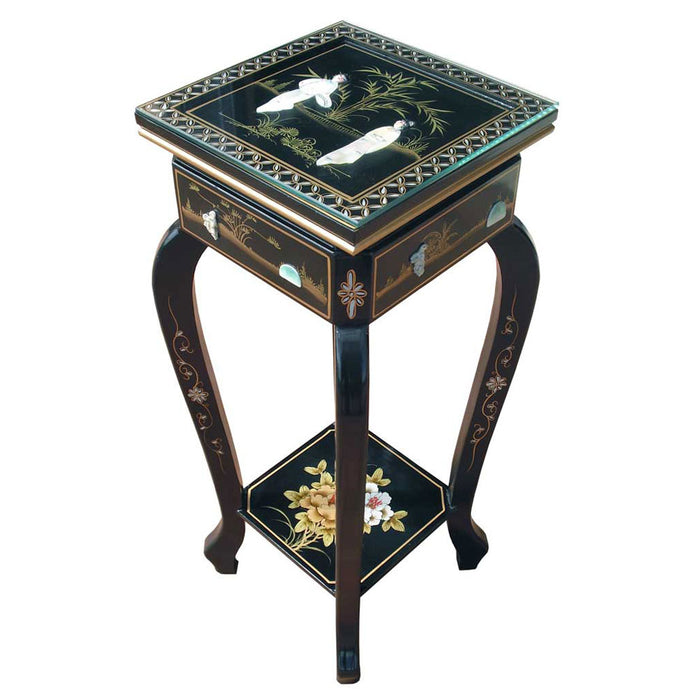 Mother of Pearl Black Lacquer Square Plant Stand with Glass Top