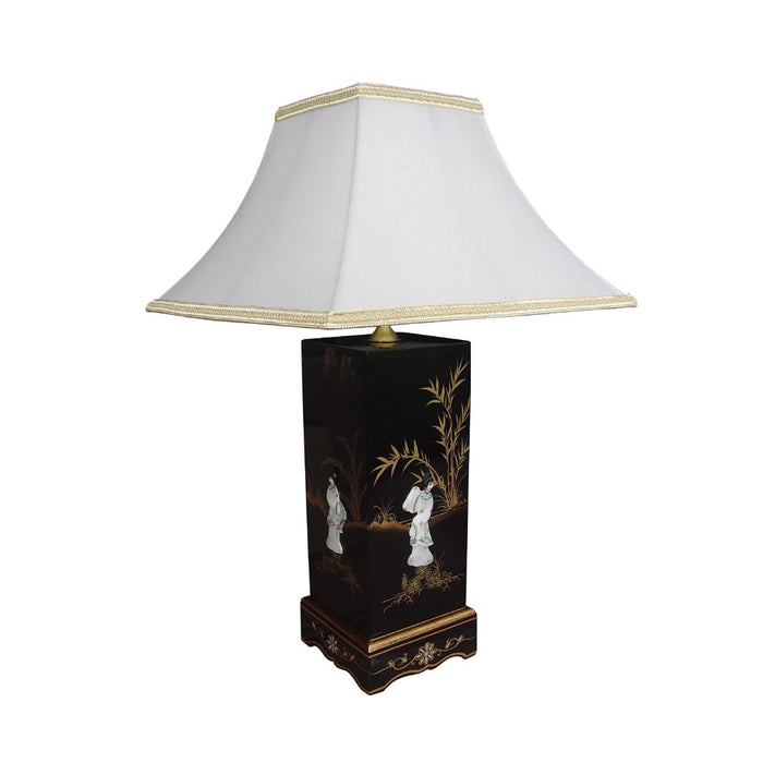 B&P Lamp Wooden Base - Oriental Style With Waxed Black Finish, 5 Inch Top Inset Diameter, 3/8" Center Hole