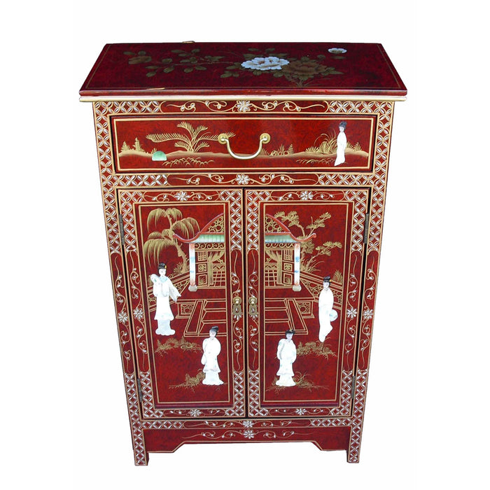 Red Lacquer Mother of Pearl Cabinet with Drawer