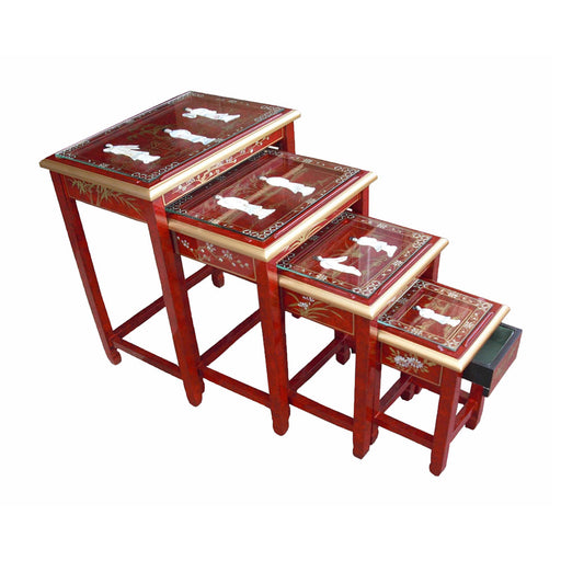 Red Lacquer Mother of Pearl Nest of 4 Tables with Glass Top