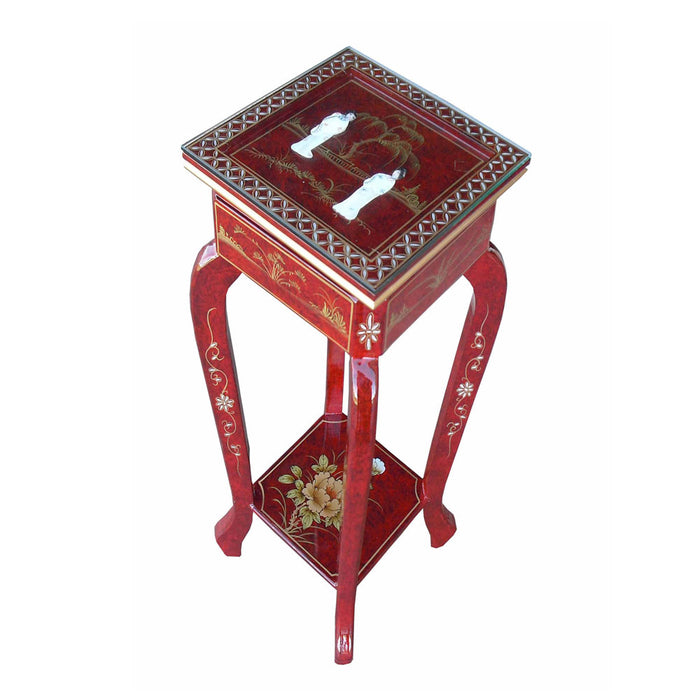 Red Lacquer Mother of Pearl Square Plant Stand
